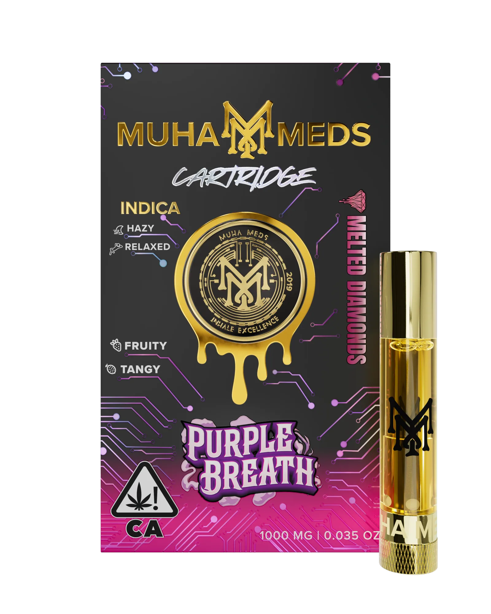 A Muha Meds Melted Diamonds 510 cartridge in Purple Breath stood beside its box, the gold oil visible through the window.