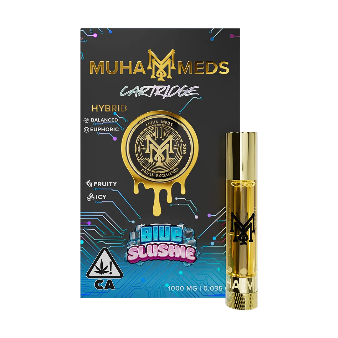 A Muha Meds distillate cartridge in Blue Slushie stood beside its box, the oil a clear pale gold.