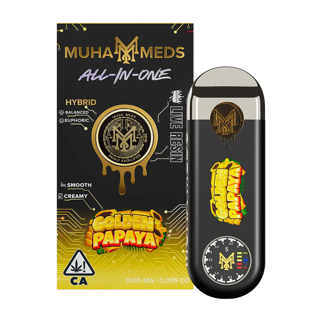A Muha Meds Live Resin all-in-one in Golden Papaya beside its box, the label listing smooth and creamy flavour notes.