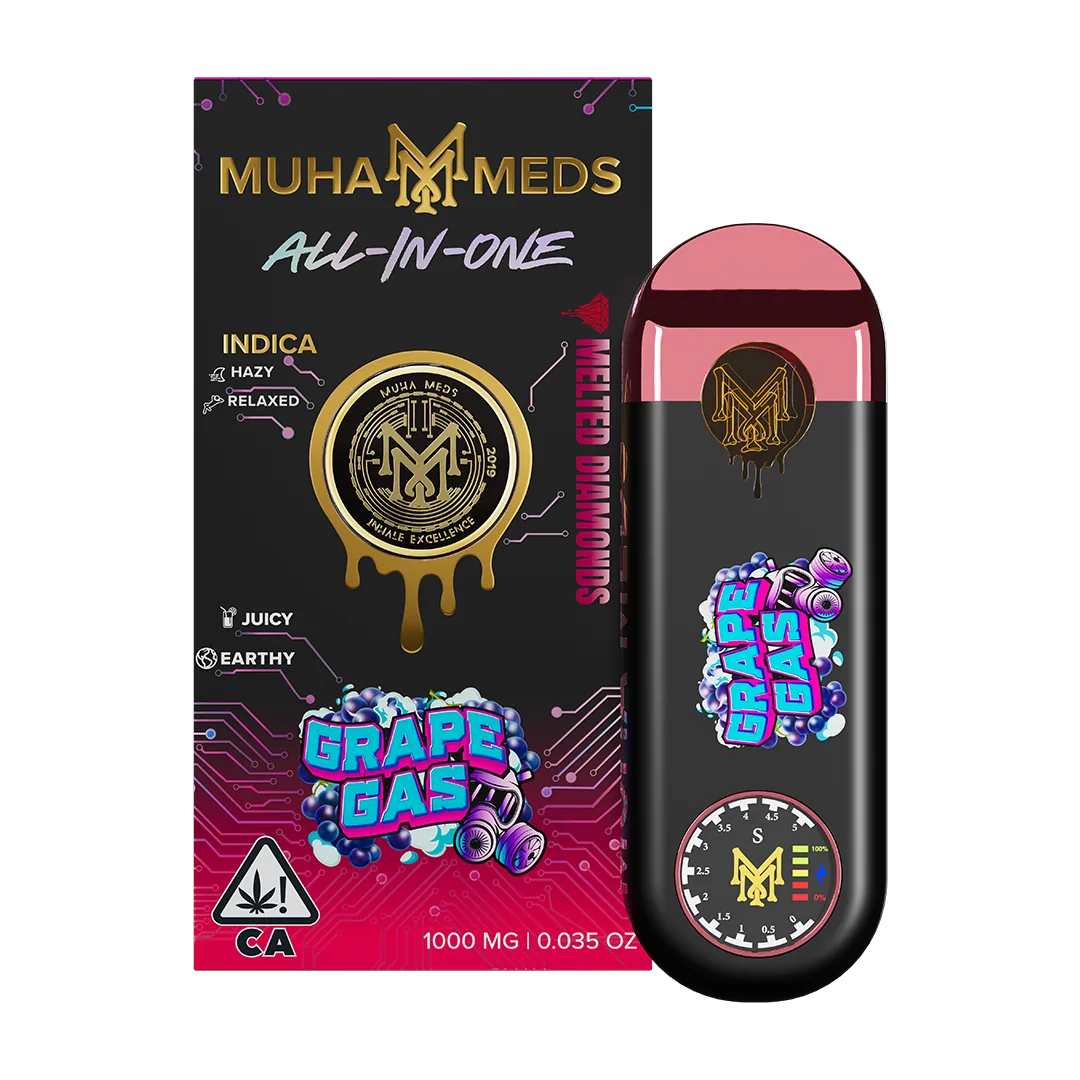 Muha Meds product photographed on a dark surface under studio lighting.